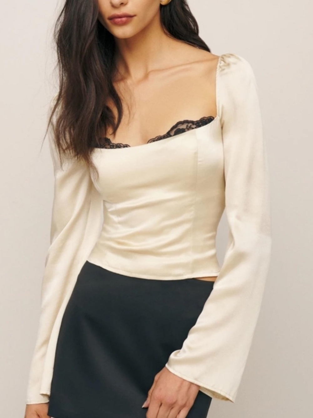 Reformation Nina Silk Top with Black Lace Trim